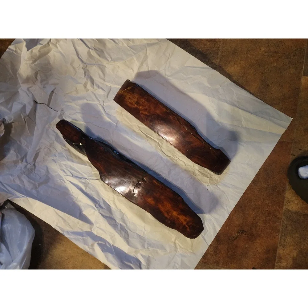 Vintage Set Of 2 Live Edge Red Wood Wall Mounted Floating Mantel Shelves Burl